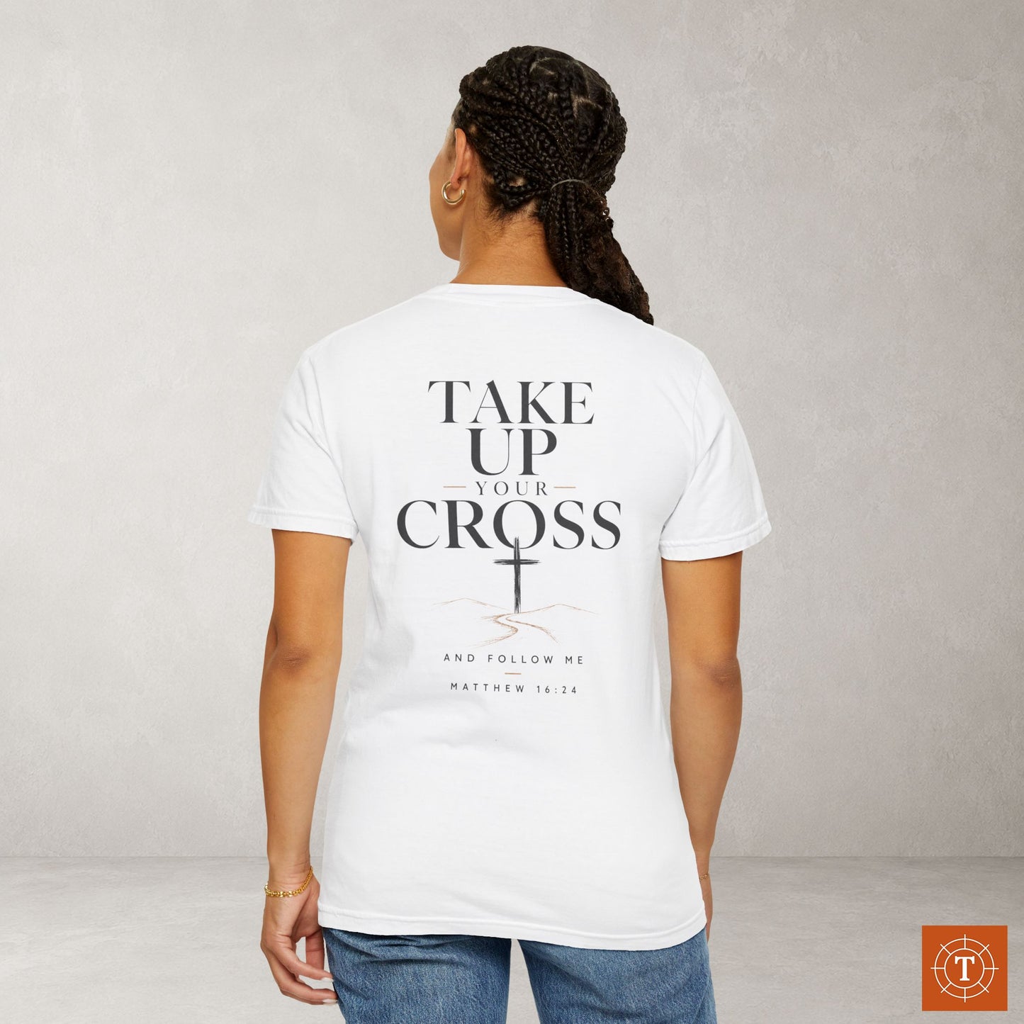 Illustrated Scripture Tee - Matthew 16:24 - Take Up Your Cross