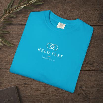 Held Fast — Hebrews 10:23 Subtle Scripture Tee | Chest Print