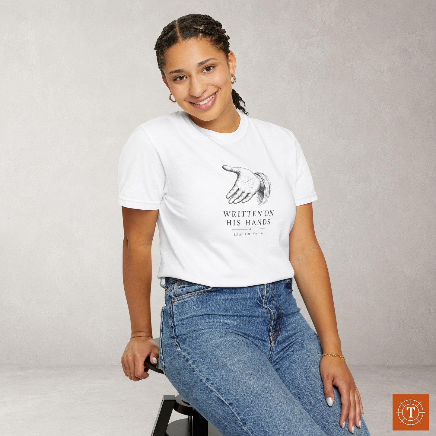 Written on His Hands — Isaiah 49:16 Subtle Scripture Tee | Chest Print