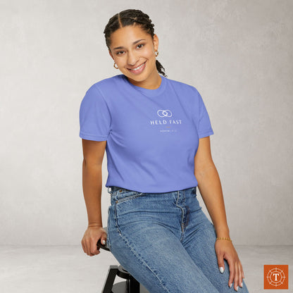 Held Fast — Hebrews 10:23 Subtle Scripture Tee | Chest Print
