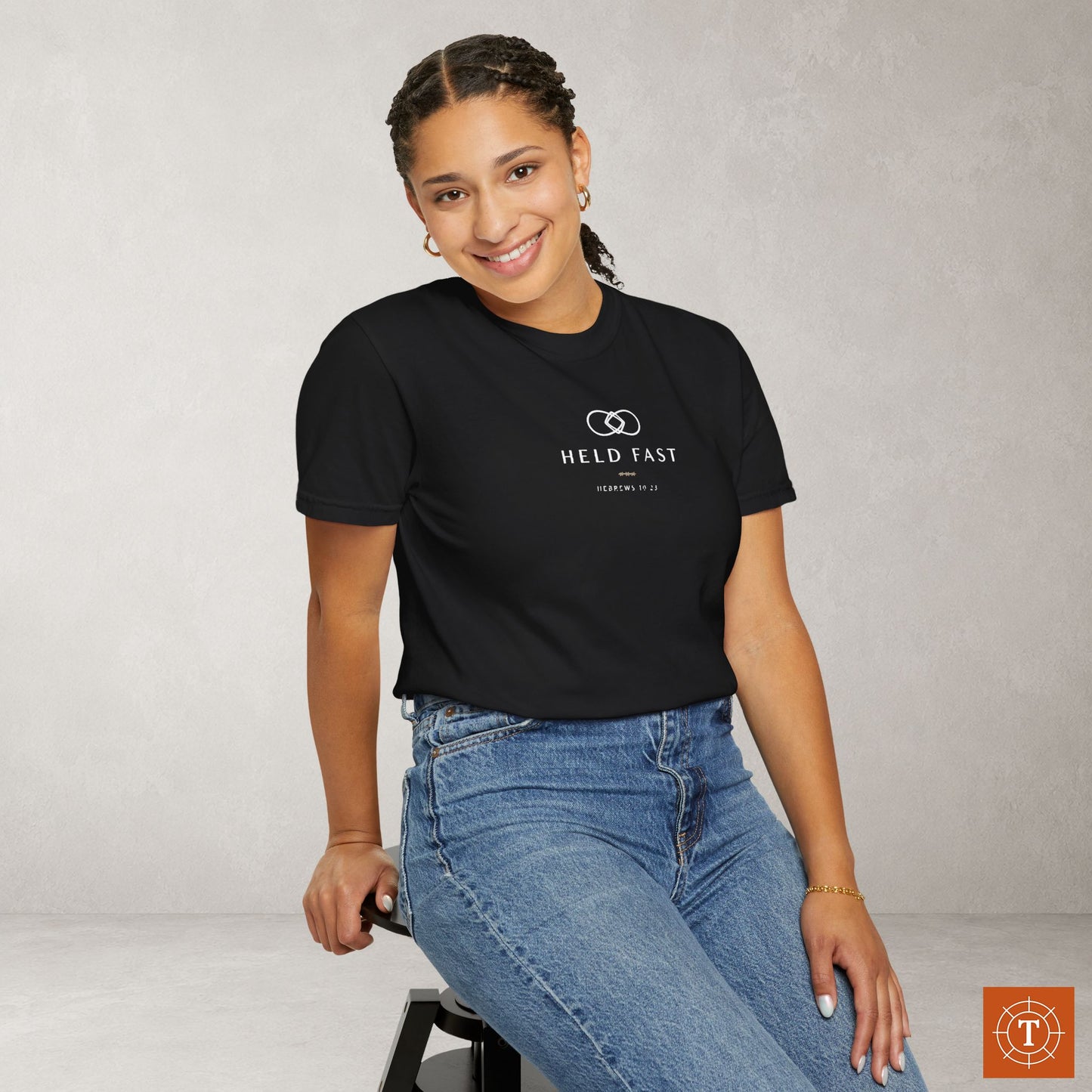 Held Fast — Hebrews 10:23 Subtle Scripture Tee | Chest Print