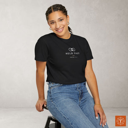 Held Fast — Hebrews 10:23 Subtle Scripture Tee | Chest Print
