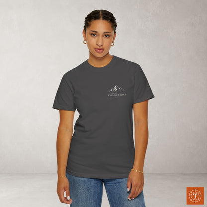 More than Conquerors — Romans 8:37 Subtle Scripture Tee | Chest Print