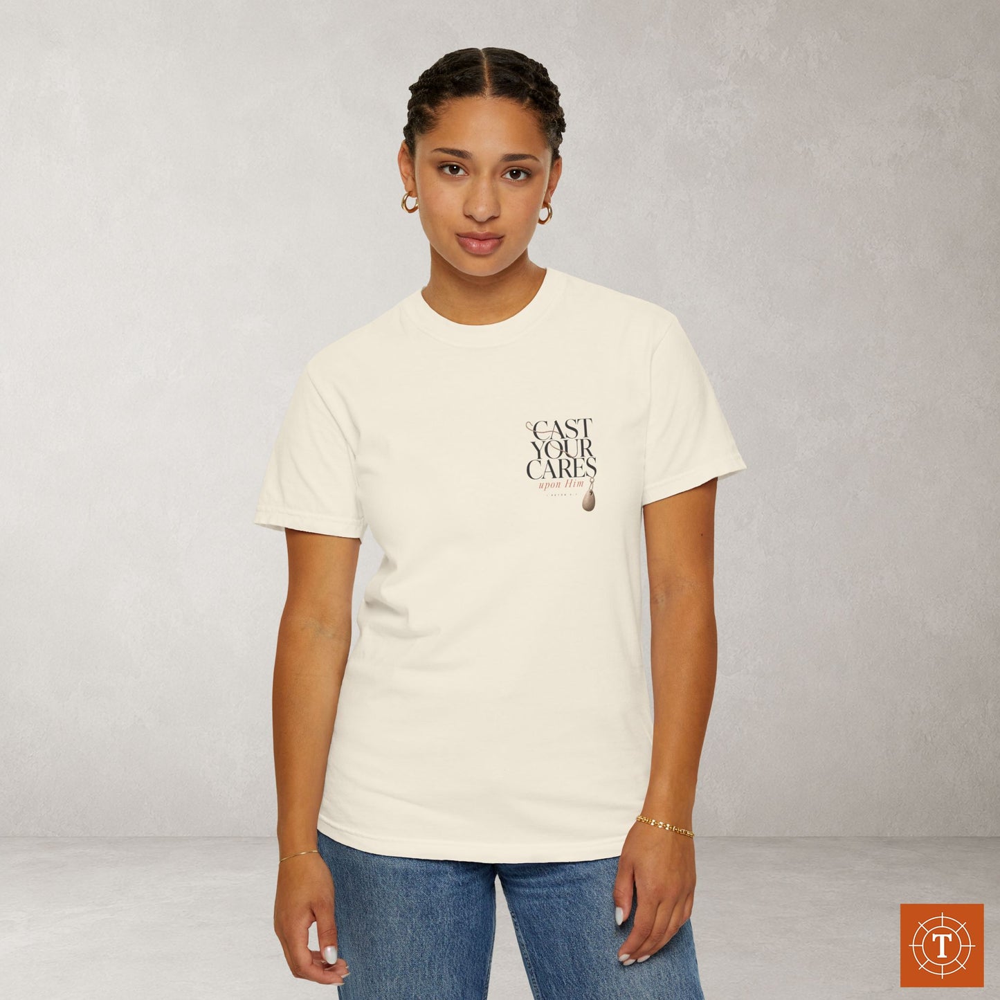 Cast Your Cares — 1 Peter 5:7 Subtle Scripture Tee | Chest Print