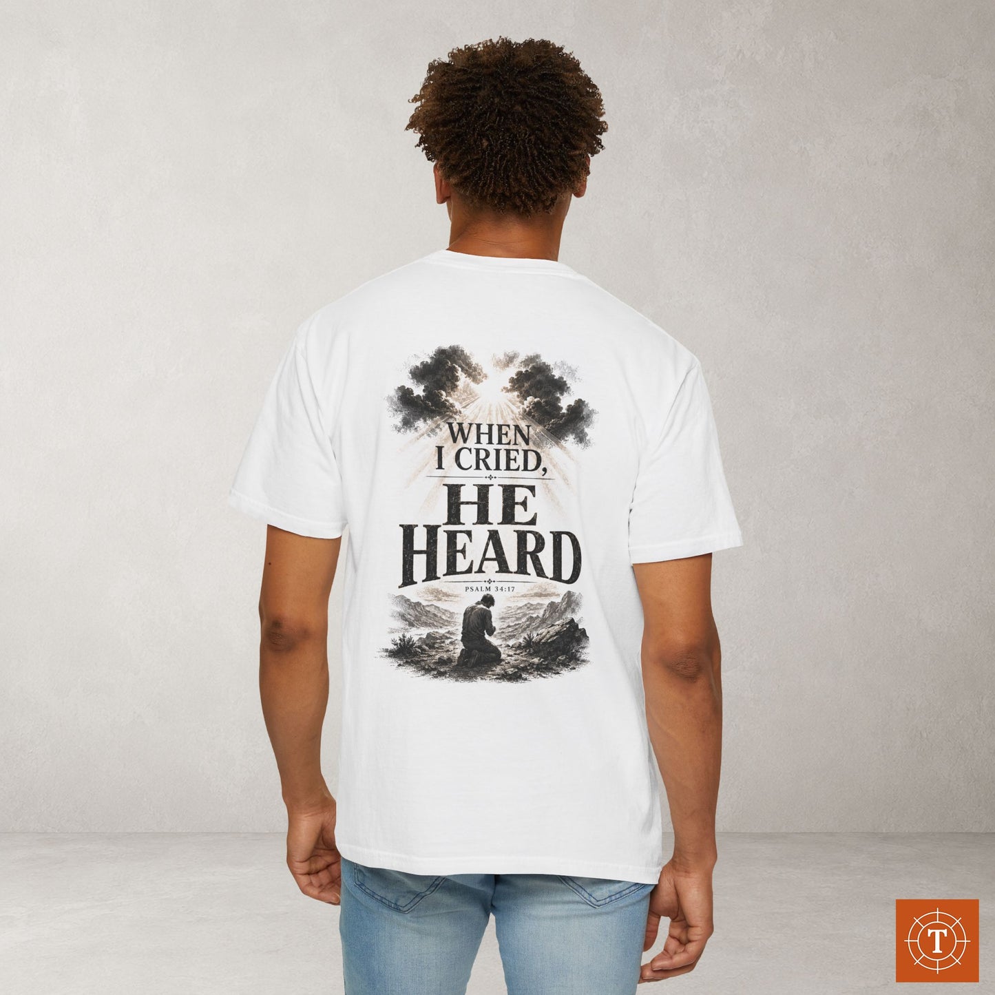 Illustrated Scripture Tee - Psalm 34:17 - He Heard